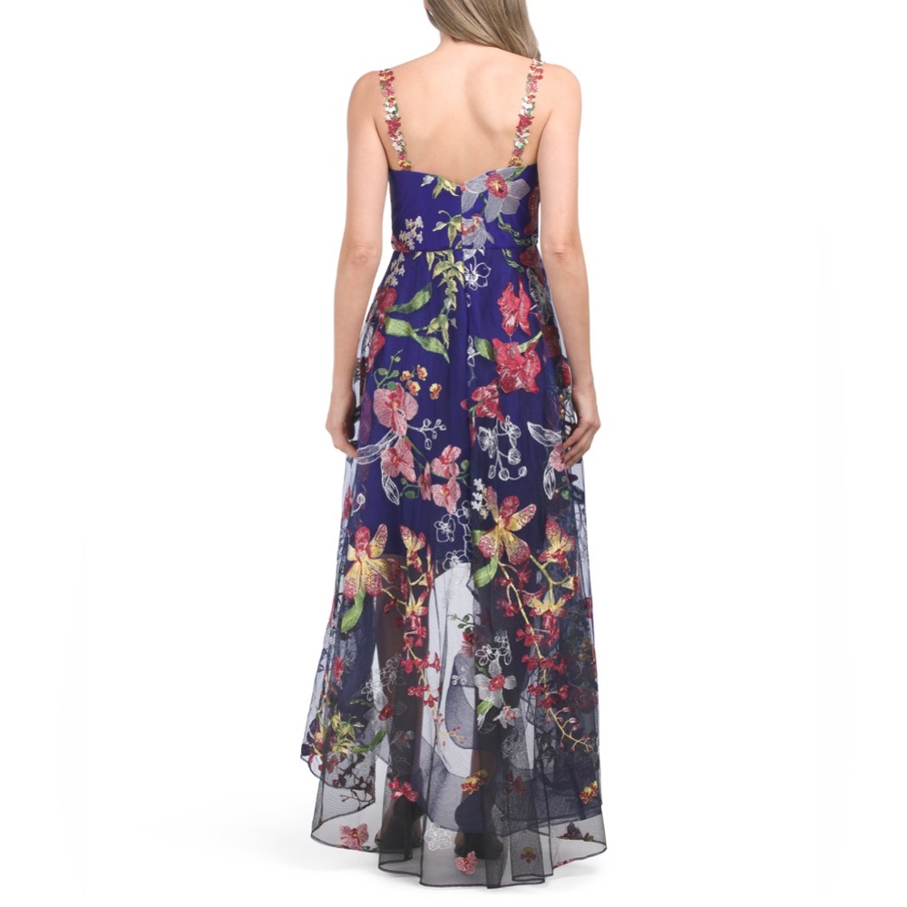 MARCHESA NOTTE COBALT BLUE SLEEVELESS FLORAL EMBROIDERED HIGH LOW DRESS - Picture 3 of 4